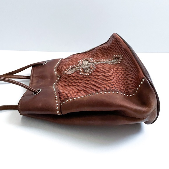 Vintage Western Brown Leather Hobo Bag with Calfskin Cross and Braided Details - Picture 5 of 7